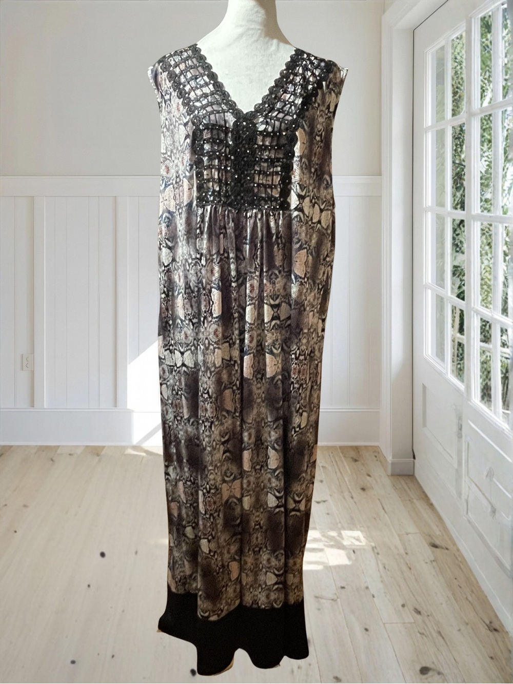ONE WORLD Women's 3X Plus Embellished Boho Beaded Sleeveless Printed Maxi Dress - Picture 2 of 12